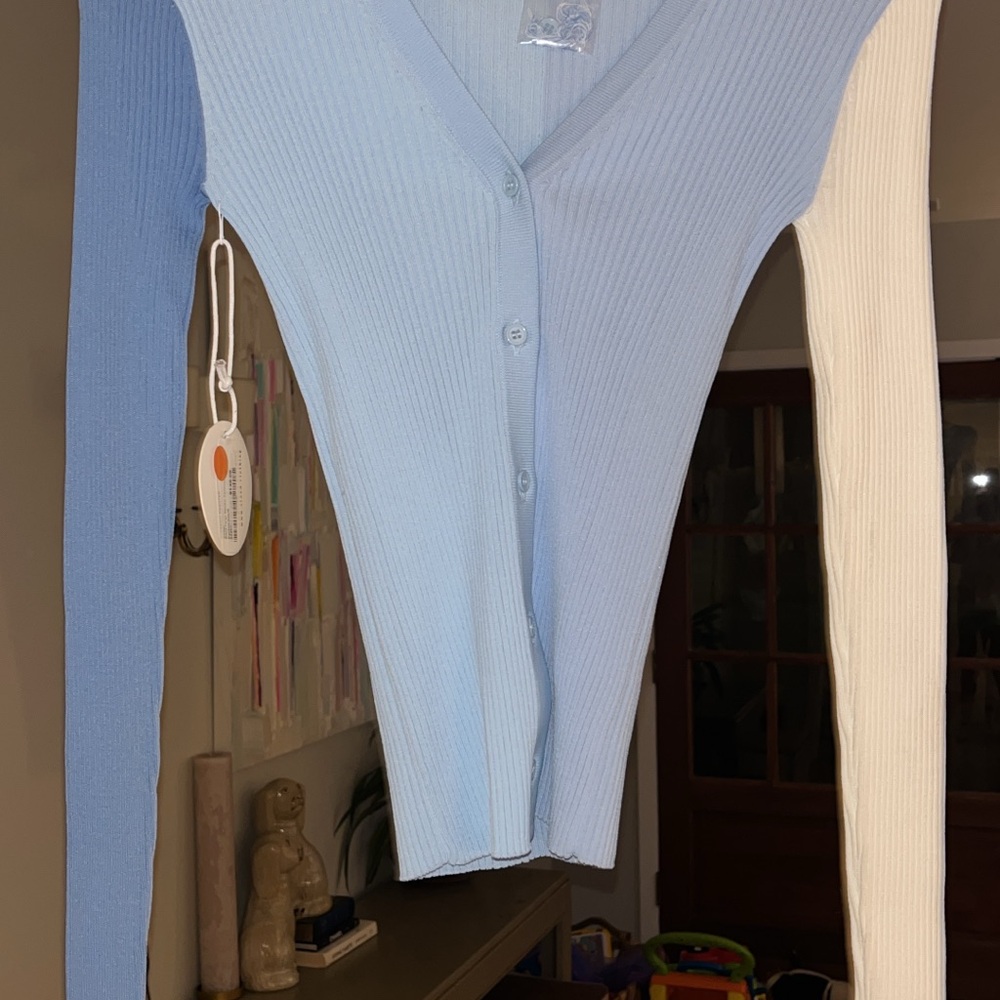STAUD Two-Tone Blue and Cream Cardigan